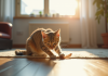 Chat domestique jouant avec une plume dans le salon lumineux