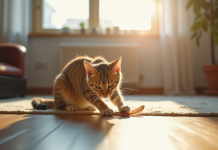 Chat domestique jouant avec une plume dans le salon lumineux