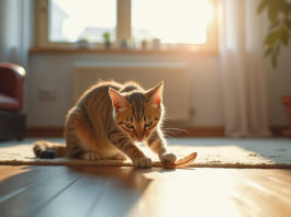 Les particularités de l’exercice physique pour un chat diabétique Chat domestique jouant avec une plume dans le salon lumineux