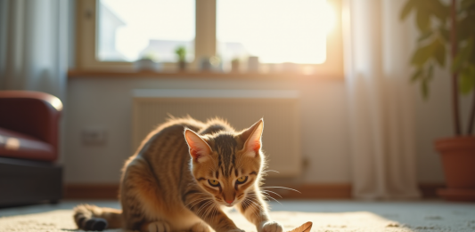 Les particularités de l’exercice physique pour un chat diabétique Chat domestique jouant avec une plume dans le salon lumineux
