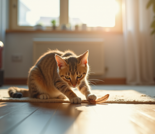 Chat domestique jouant avec une plume dans le salon lumineux