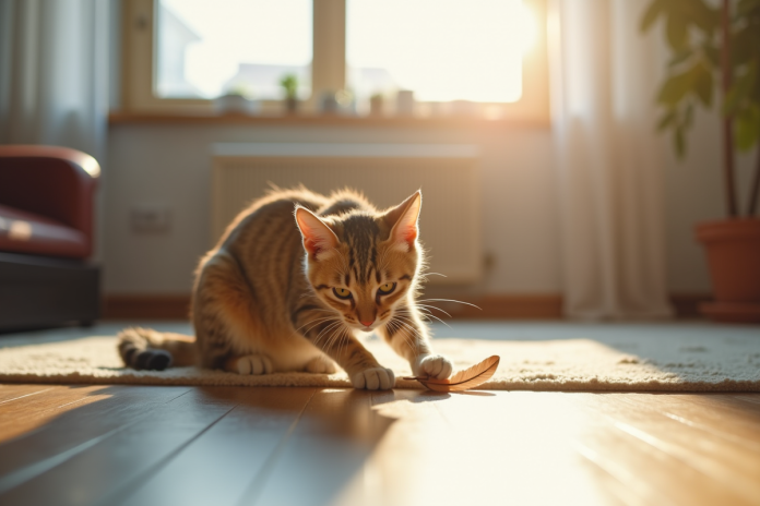 Chat domestique jouant avec une plume dans le salon lumineux