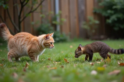Chat domestique face à un martre européen dans un jardin naturel