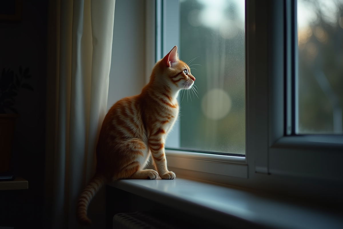 Chat roux curieux regardant par la fenêtre la nuit