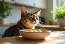 Chat tigré mangeant une pâtée gourmet dans une cuisine lumineuse