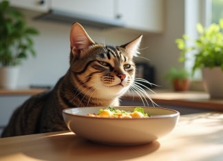 Pâtée pour chat : bienfaits et conseils pour une alimentation équilibrée Chat tigré mangeant une pâtée gourmet dans une cuisine lumineuse