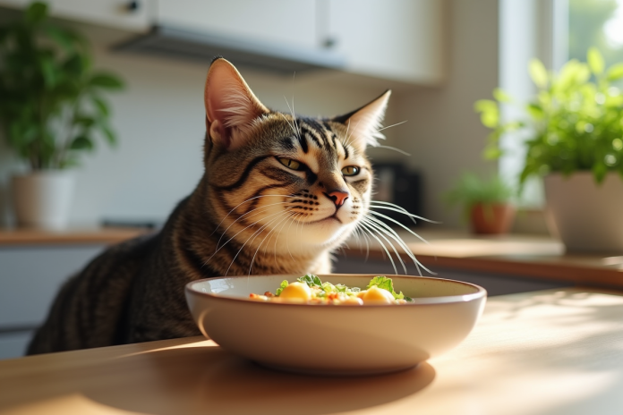 Chat tigré mangeant une pâtée gourmet dans une cuisine lumineuse