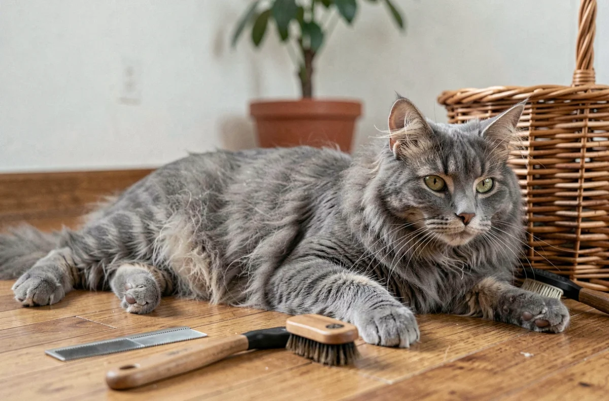 Chat gris poilu allongé sur un parquet avec des signes de pelage négligé et des outils de toilettage posés à côté