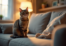 Chat inquiet sur le canapé du salon pour l article