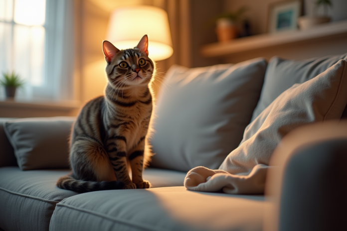 Chat inquiet sur le canapé du salon pour l article