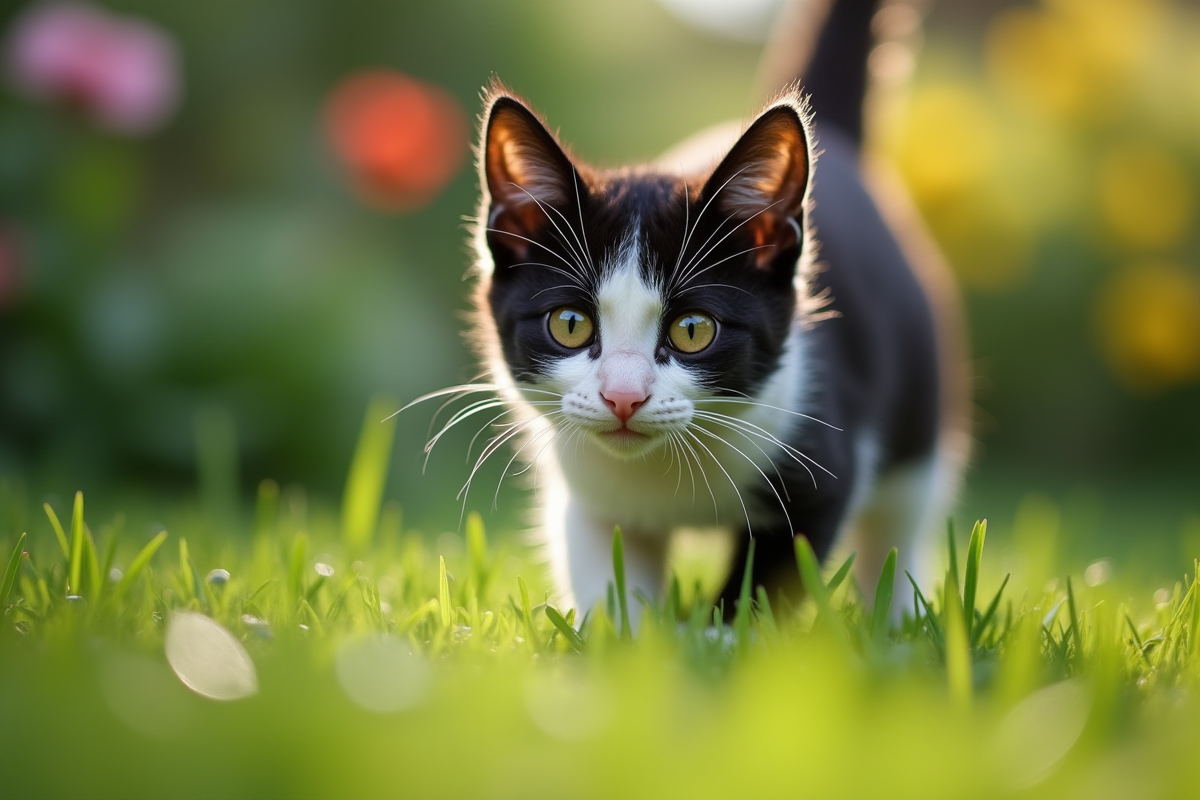 Chat noir et blanc joueur dans un jardin vert