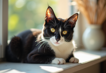 Chat noir et blanc allongé sur une fenêtre ensoleillée