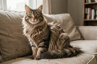 Chat à poils longs avec un pelage emmêlé et mal entretenu assis sur un canapé en lin beige