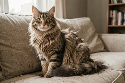 Chat à poils longs avec un pelage emmêlé et mal entretenu assis sur un canapé en lin beige