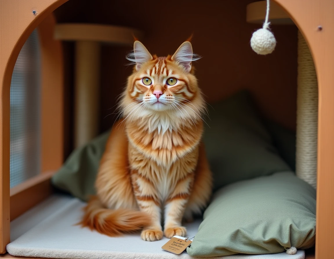 Chat roux à poils longs attendant d'être adopté dans un enclos enrichi d'un refuge félin à Lyon