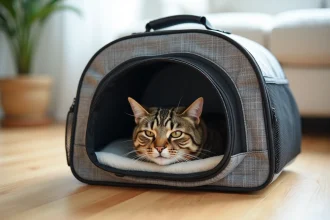 Chat tigré dans un sac de transport pour chat en tissu gris avec panneau aéré en maille et fermeture éclair
