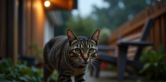 Chat tabby en mouvement dans un jardin nocturne