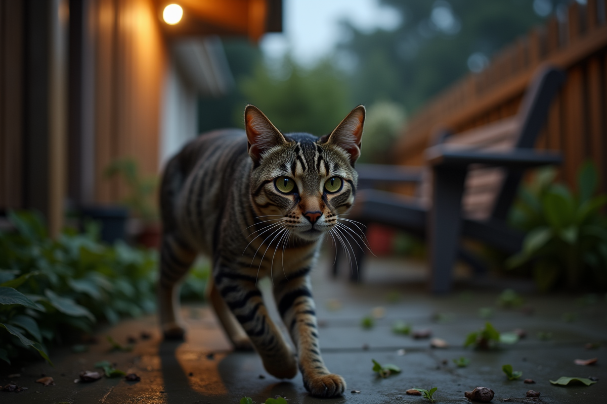 Chat tabby en mouvement dans un jardin nocturne