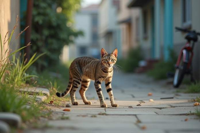 chat-tabby-urbaine-rue Chat tabby dans une rue urbaine abandonnée