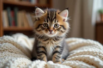 Chaton tigré de 3 mois aux yeux ambrés assis sur une couverture crème tricotée dans un salon chaleureux, prêt pour adoption à Rennes