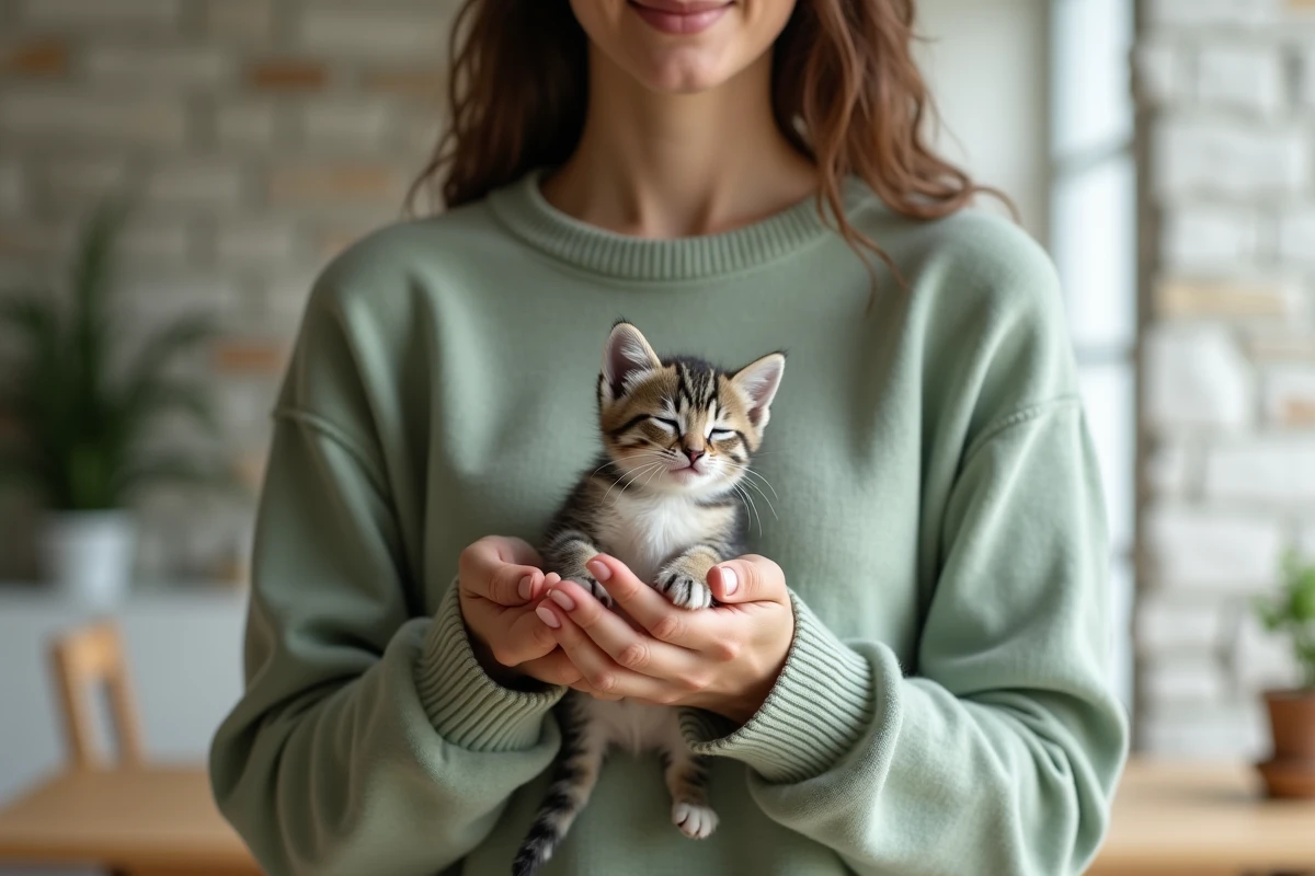 Jeune femme tenant un petit chaton gris et blanc de 3 mois contre son visage dans un appartement breton lumineux, adoption disponible à Rennes