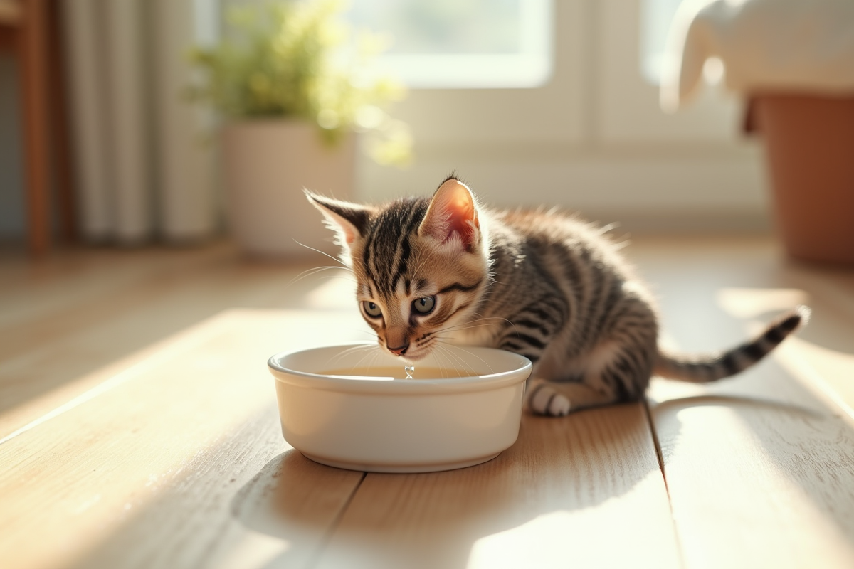 Chaton tacheté buvant dans un bol en céramique