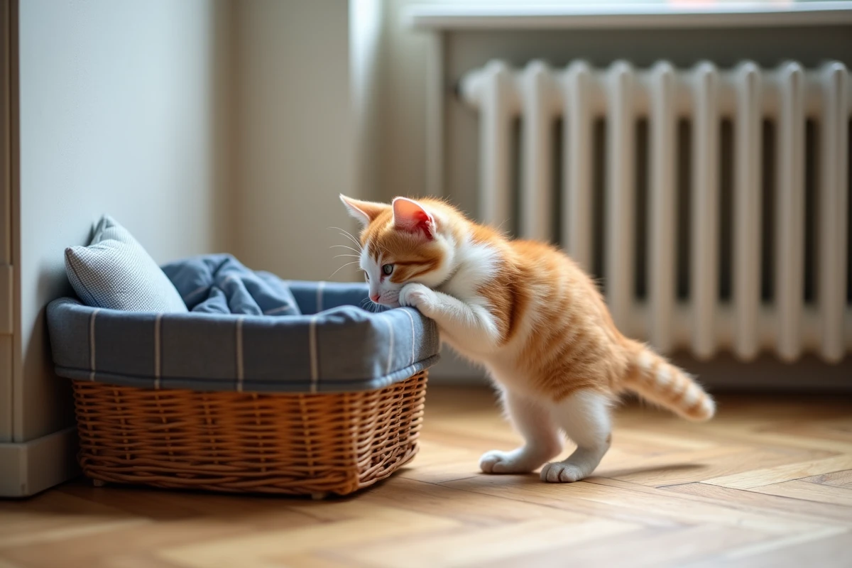 Chaton roux et blanc de 3 mois explorant un panier en osier sur un parquet en bois dans un intérieur rennais, annonce d'adoption avec note manuscrite