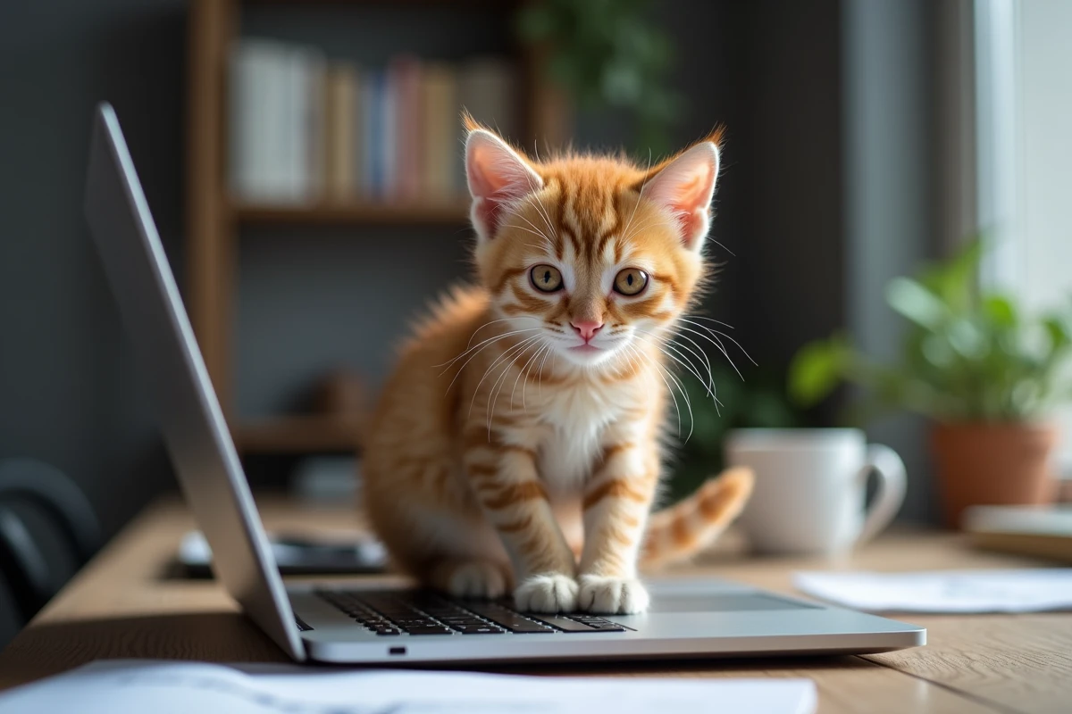 Chaton roux assis de façon entêtée sur un ordinateur portable fermé sur un bureau de travail, regardant l'objectif