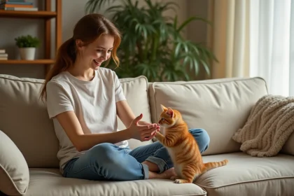 Jeune femme essayant de déplacer un chaton roux têtu qui refuse de bouger sur ses genoux dans un salon cosy