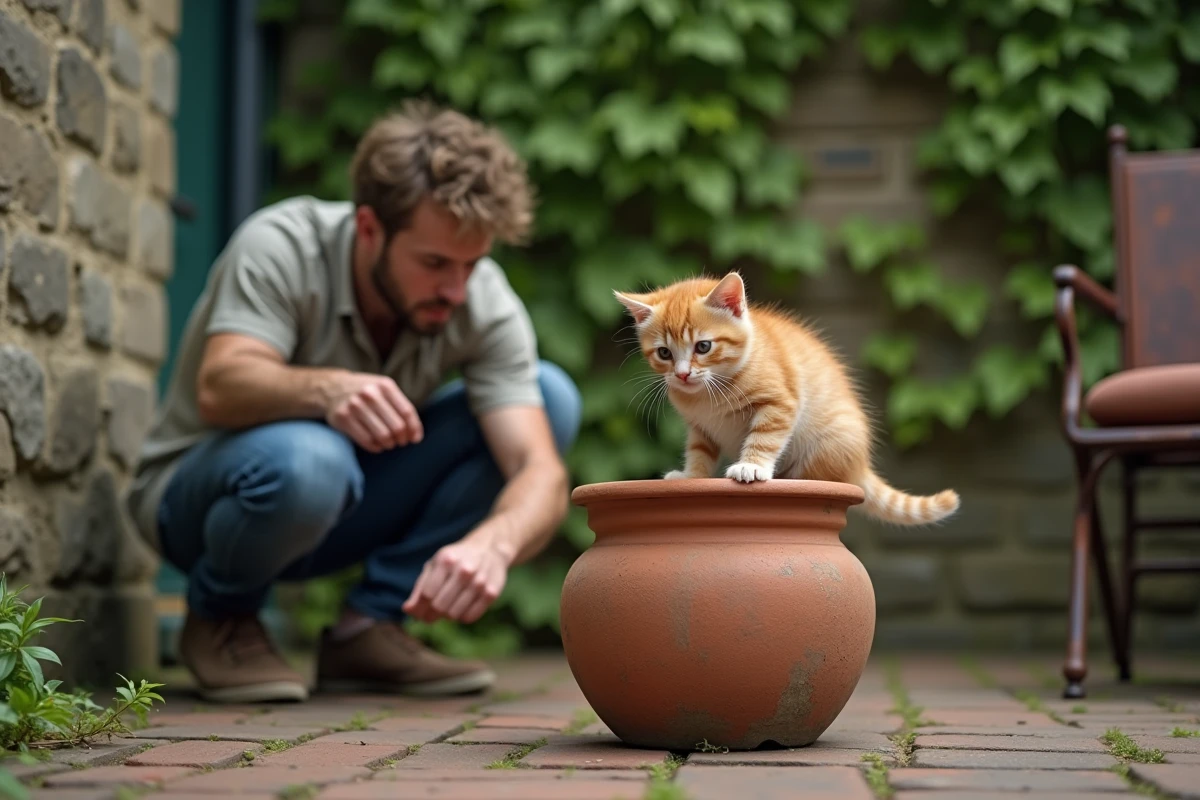 Chaton roux entêté refusant de quitter un pot de fleurs en terre cuite dans un jardin urbain malgré les tentatives de son propriétaire