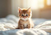 Chaton seul sur une couverture blanche lumineuse