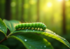 Chenille verte sur une feuille en forêt lumineuse