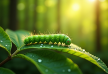 Chenille verte sur une feuille en forêt lumineuse