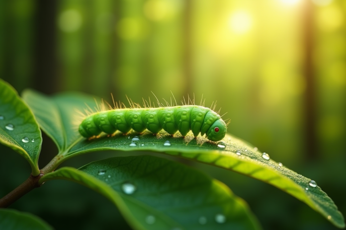 Chenille verte sur une feuille en forêt lumineuse