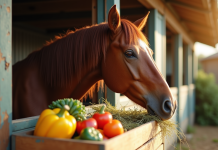 Cheval sain mangeant du foin et des légumes colorés