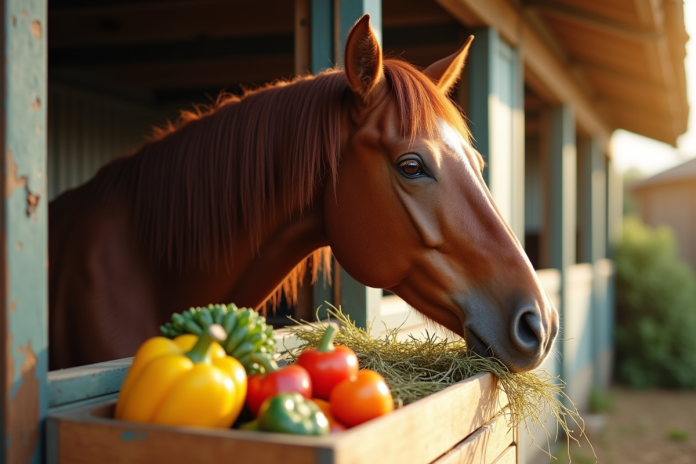 Cheval sain mangeant du foin et des légumes colorés