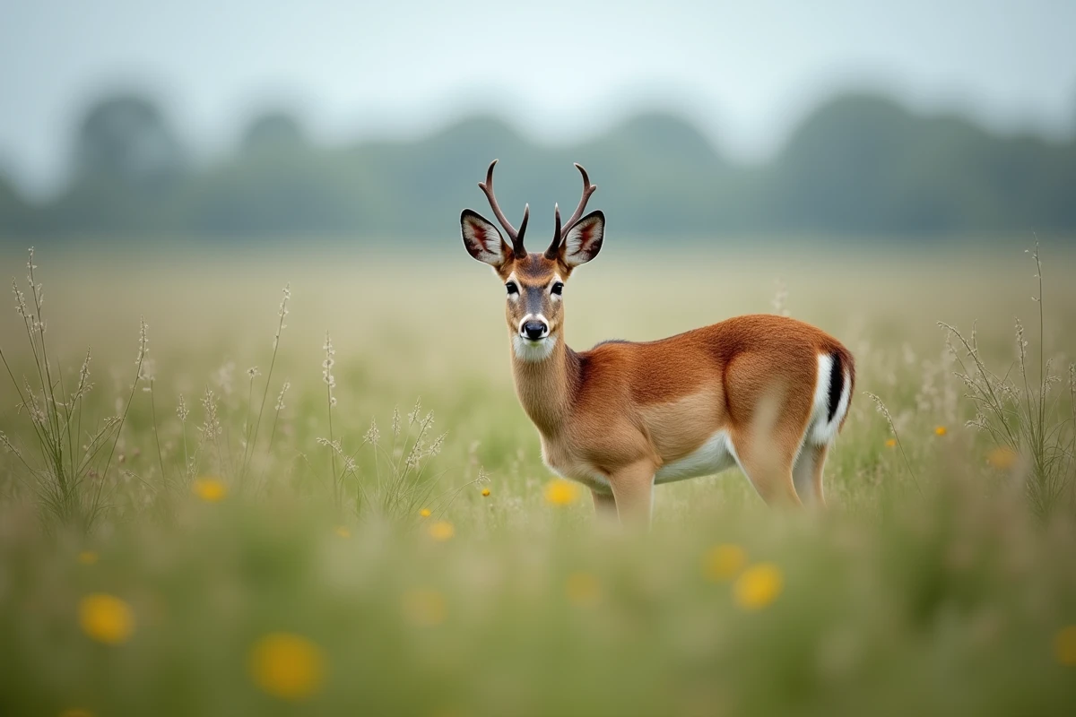 Chevreuil brocard dans une prairie de fleurs sauvages, photographie animalière en pleine nature au ras du sol
