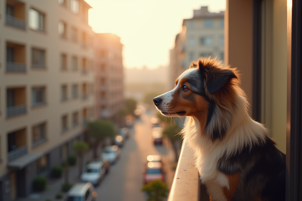 Australian Shepherd regardant depuis un balcon urbain au matin