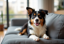 Mini Australian Shepherd sur un canapé moderne dans un appartement lumineux