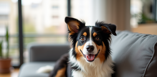 Comment le mini Berger Australien s’adapte-t-il à la vie en appartement ? Mini Australian Shepherd sur un canapé moderne dans un appartement lumineux