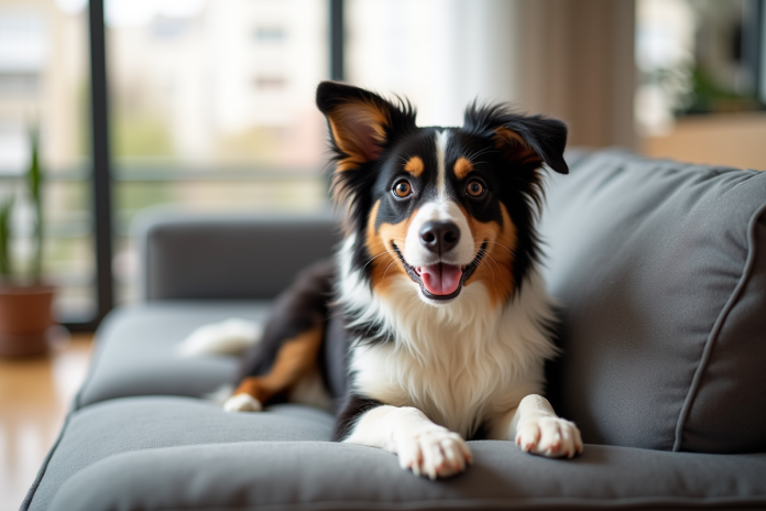 Mini Australian Shepherd sur un canapé moderne dans un appartement lumineux