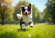 Chien australien heureux jouant dans un parc ensoleille