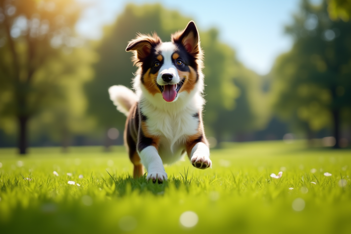 Chien australien heureux jouant dans un parc ensoleille