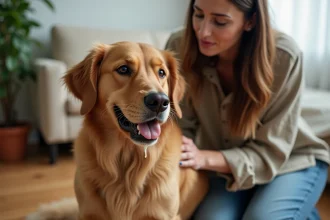 Chien golden retriever haletant avec mousse blanche au coin de la gueule, assis sur un parquet, avec sa propriétaire inquiète à ses côtés dans un appartement moderne