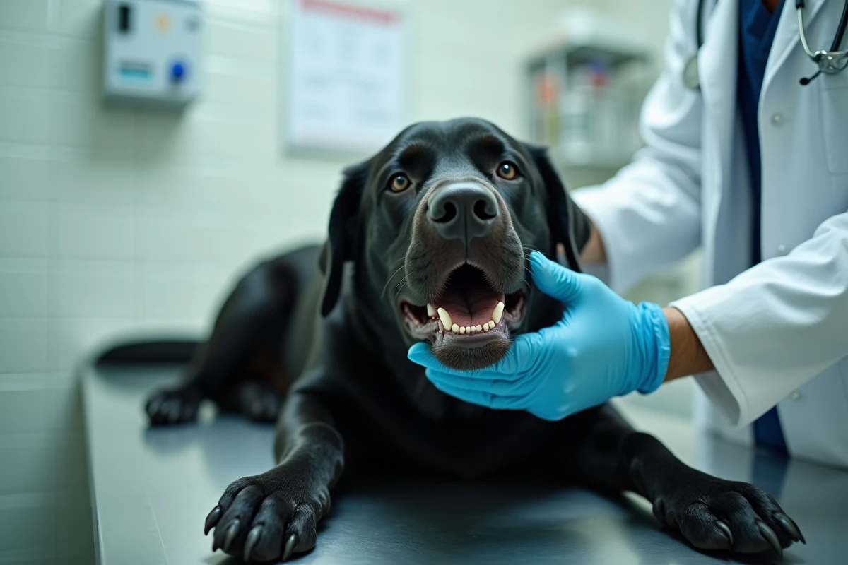 Labrador noir allongé sur une table d'examen vétérinaire avec de la bave mousseuse blanche, examiné par un vétérinaire portant des gants bleus dans une clinique