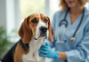 Beagle adulte examiné par un vétérinaire dans une clinique lumineuse