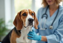 Beagle adulte examiné par un vétérinaire dans une clinique lumineuse