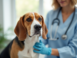 Santé des beagles d’Élisabeth : prévenir les maladies courantes Beagle adulte examiné par un vétérinaire dans une clinique lumineuse