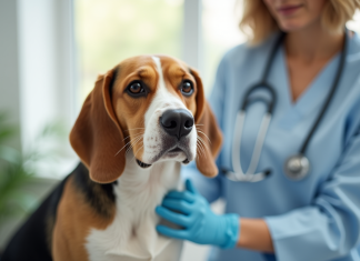 Beagle adulte examiné par un vétérinaire dans une clinique lumineuse