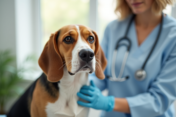 Beagle adulte examiné par un vétérinaire dans une clinique lumineuse